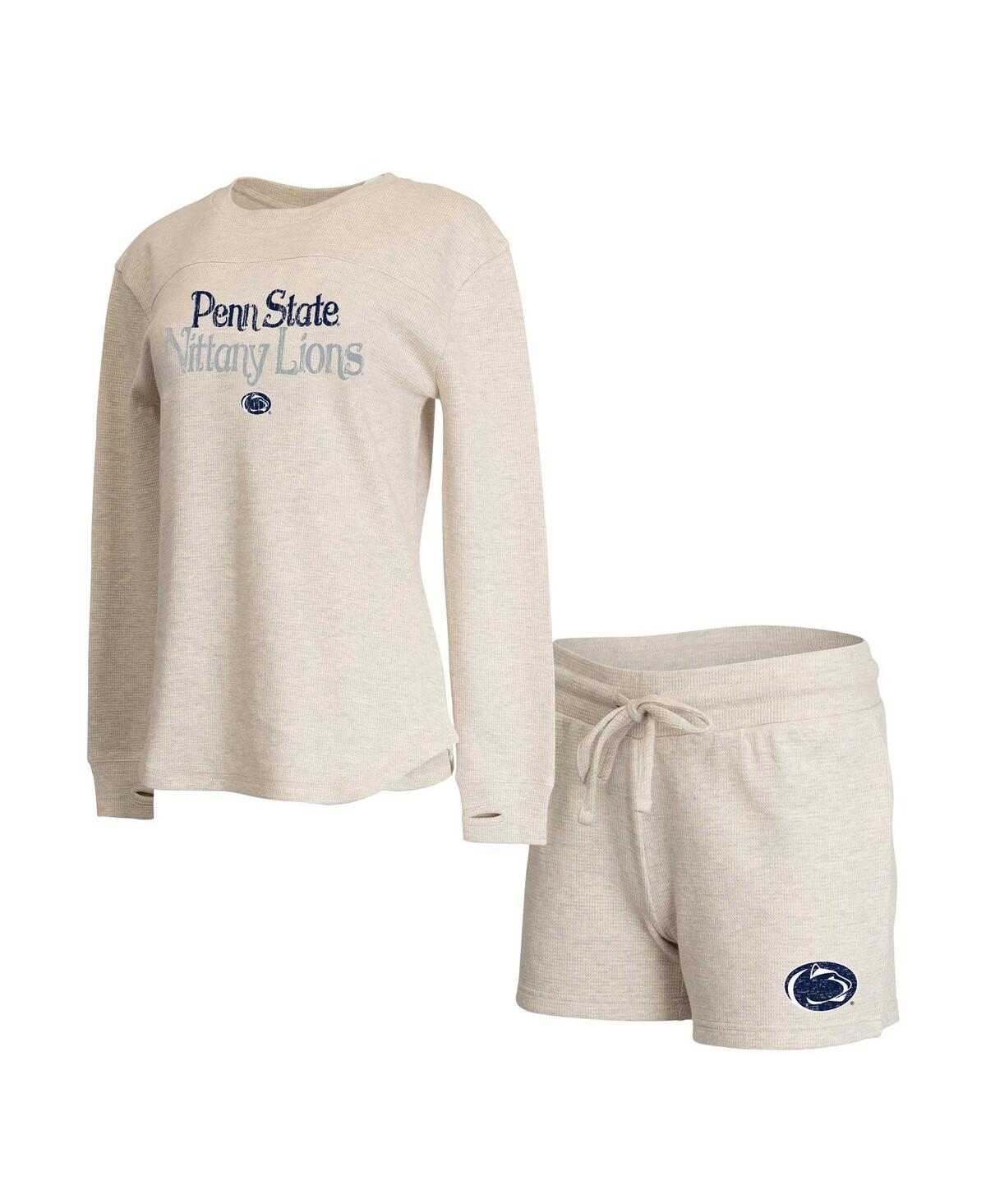 Women's 2-Piece Cream Penn State Nittany Lions Waffle Fabric Long Sleeve Top and Shorts Sleep Set - Cream