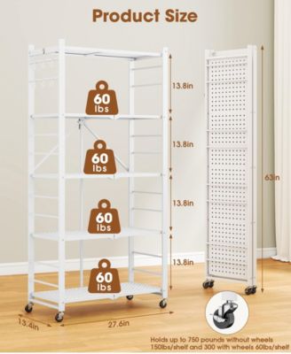 5-Tier Foldable Storage Shelves, Metal Storage Rack with Wheels and Hooks