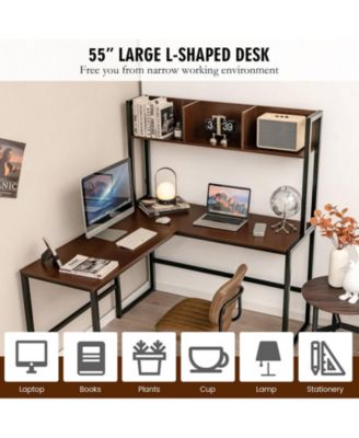 Industrial L-Shaped Desk Bookshelf 55 Inch Corner Computer Gaming Table