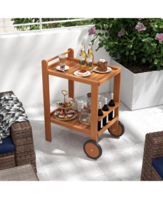 2 Tier Rolling Serving Cart with Wine Bottle Holders and 2 Rubber Wheels