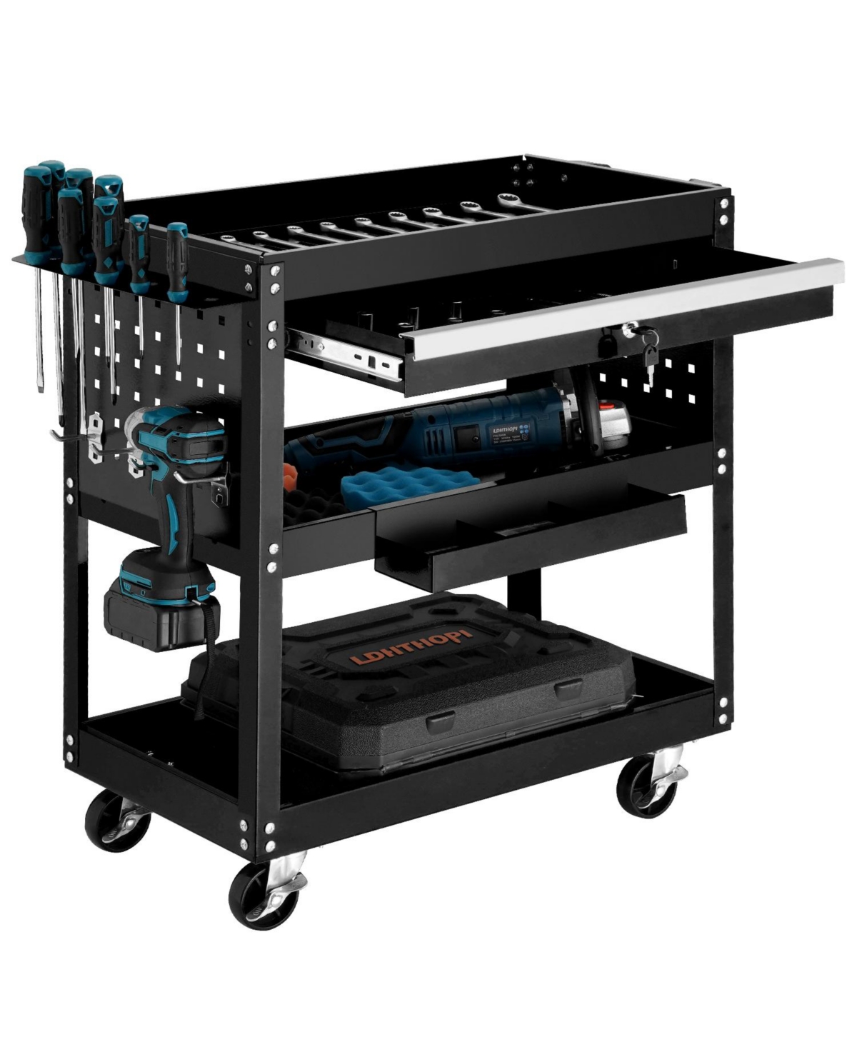 3 Tier Rolling Tool Cart with Wheels, Drawer, Industrial Commercial Service Tool Cart, All Metal - Black