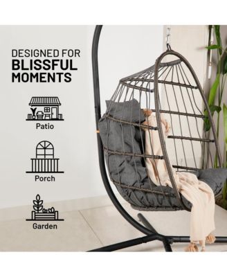 Foldable Egg Chair - Rattan Wicker Hanging Egg Swing Chair with Stand, Waterproof Seat Cushion,, and Headrest for Patio, Bedroom, Porch, and Garden (Deep Gray)