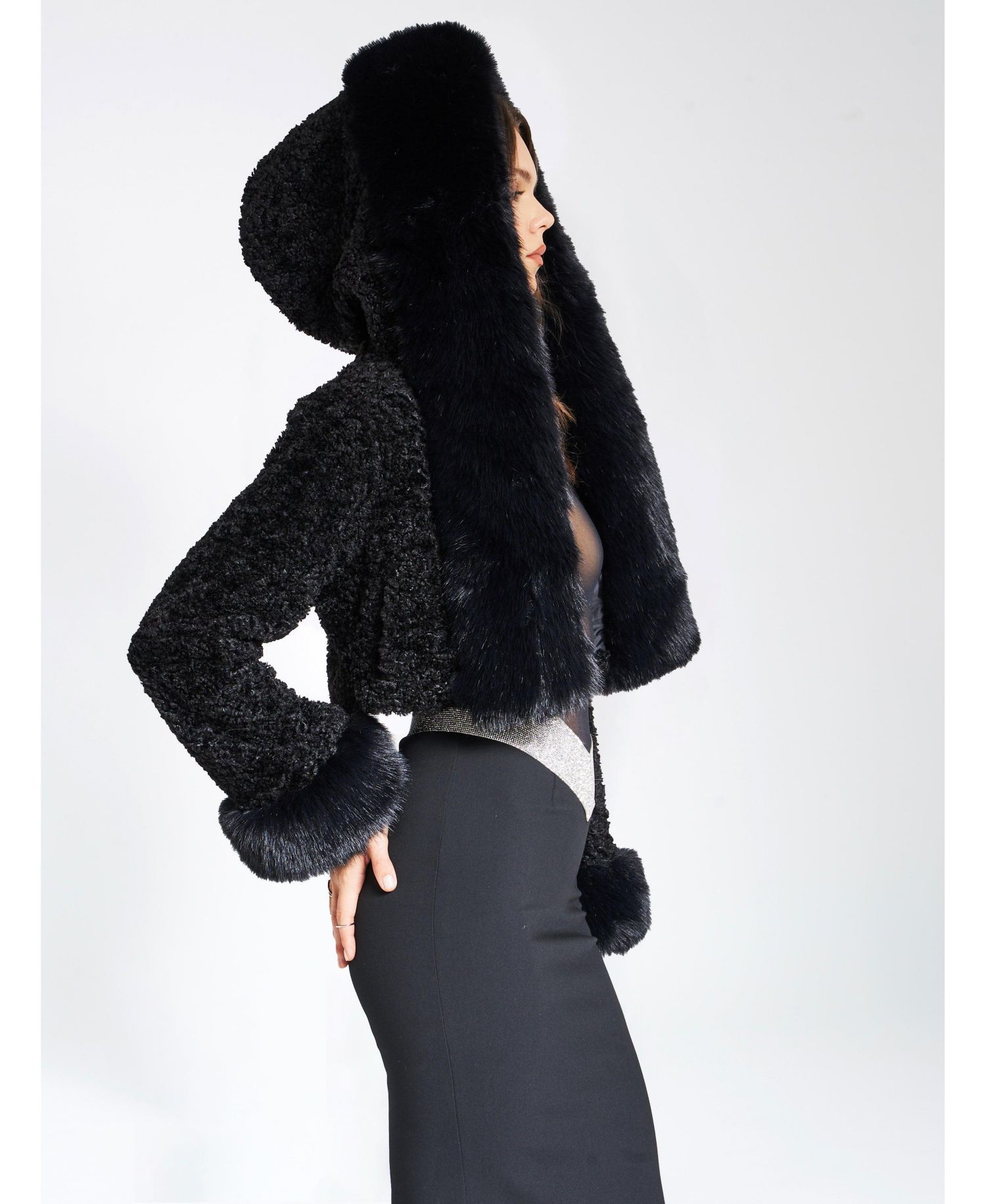 Women's Kali Black Cropped Faux Fur Jacket With Hood