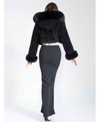 Women's Kali Black Cropped Faux Fur Jacket With Hood