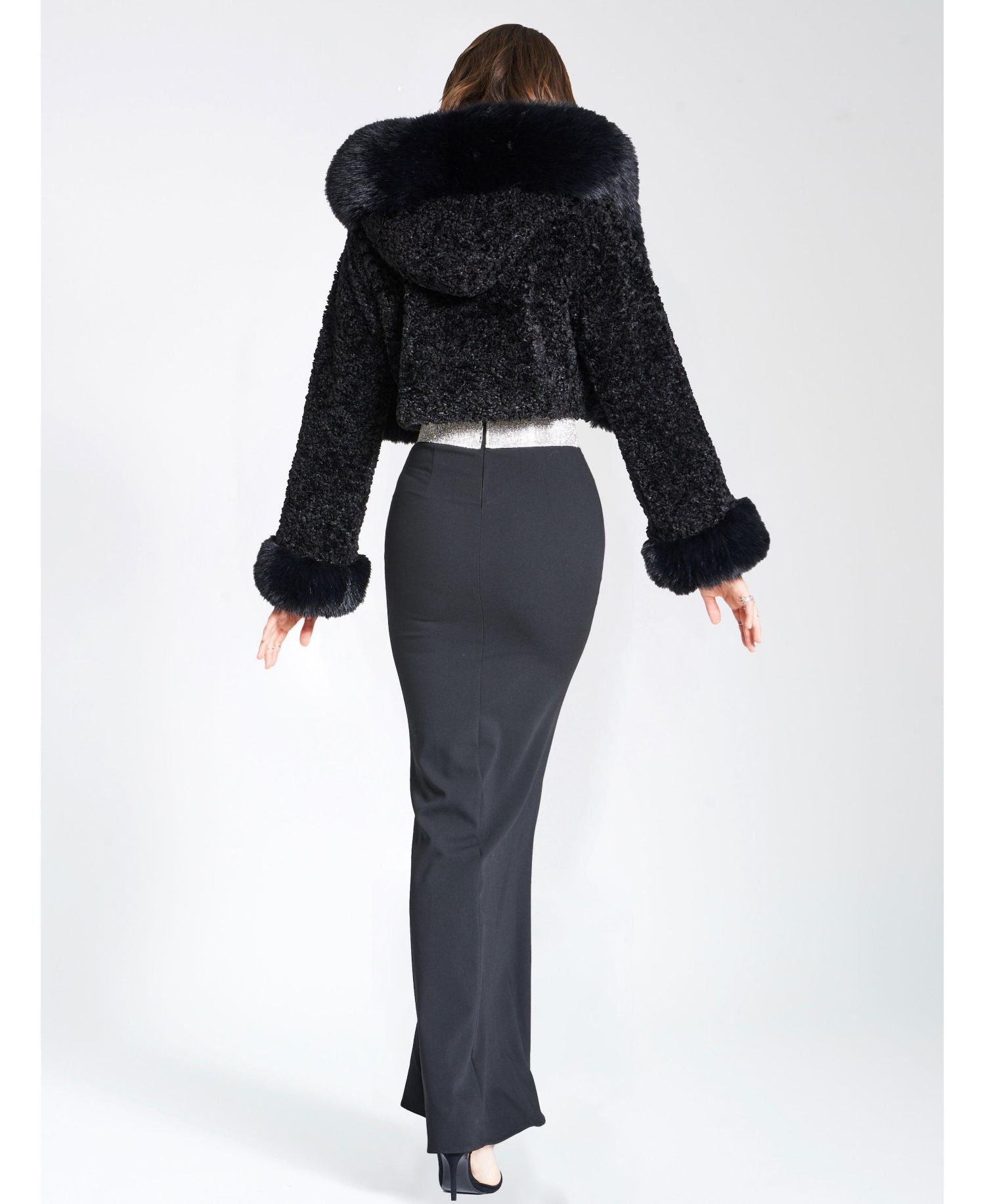Women's Kali Black Cropped Faux Fur Jacket With Hood