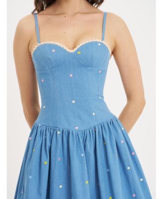 Women's Zadie Cotton Denim Drop Waist Embroidery Flower Midi Dress