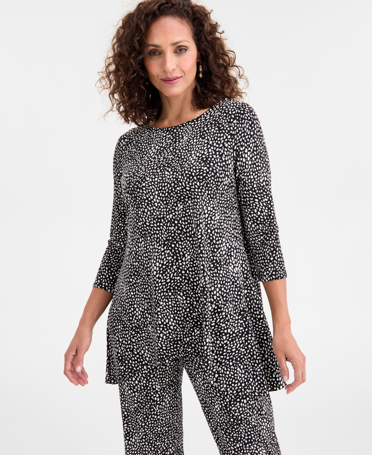 Jm Collection Women's Printed 3/4-sleeve Swing Knit Top, Macy's Exclusive In Black