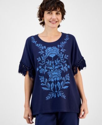 JM Collection - Women's Antique Blooms Embroidered Fringe-Trim Poncho Top