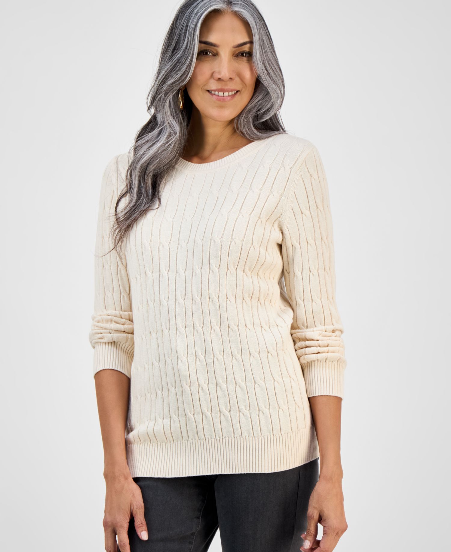 Petite Cotton Cable-Knit Crewneck Sweater