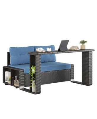 Convertible Foldable Wicker Outdoor Sofa with Storage Shelves
