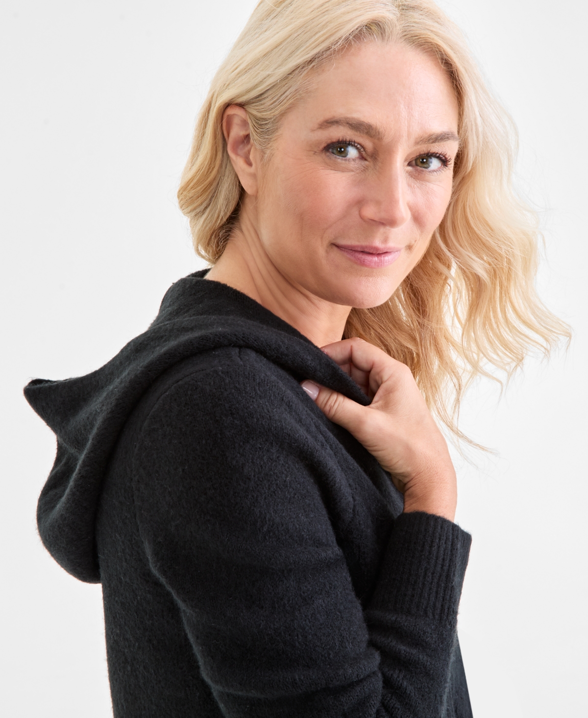 Style & Co Petite Zip-front Hooded Sweater, Macy's Exclusive In Black