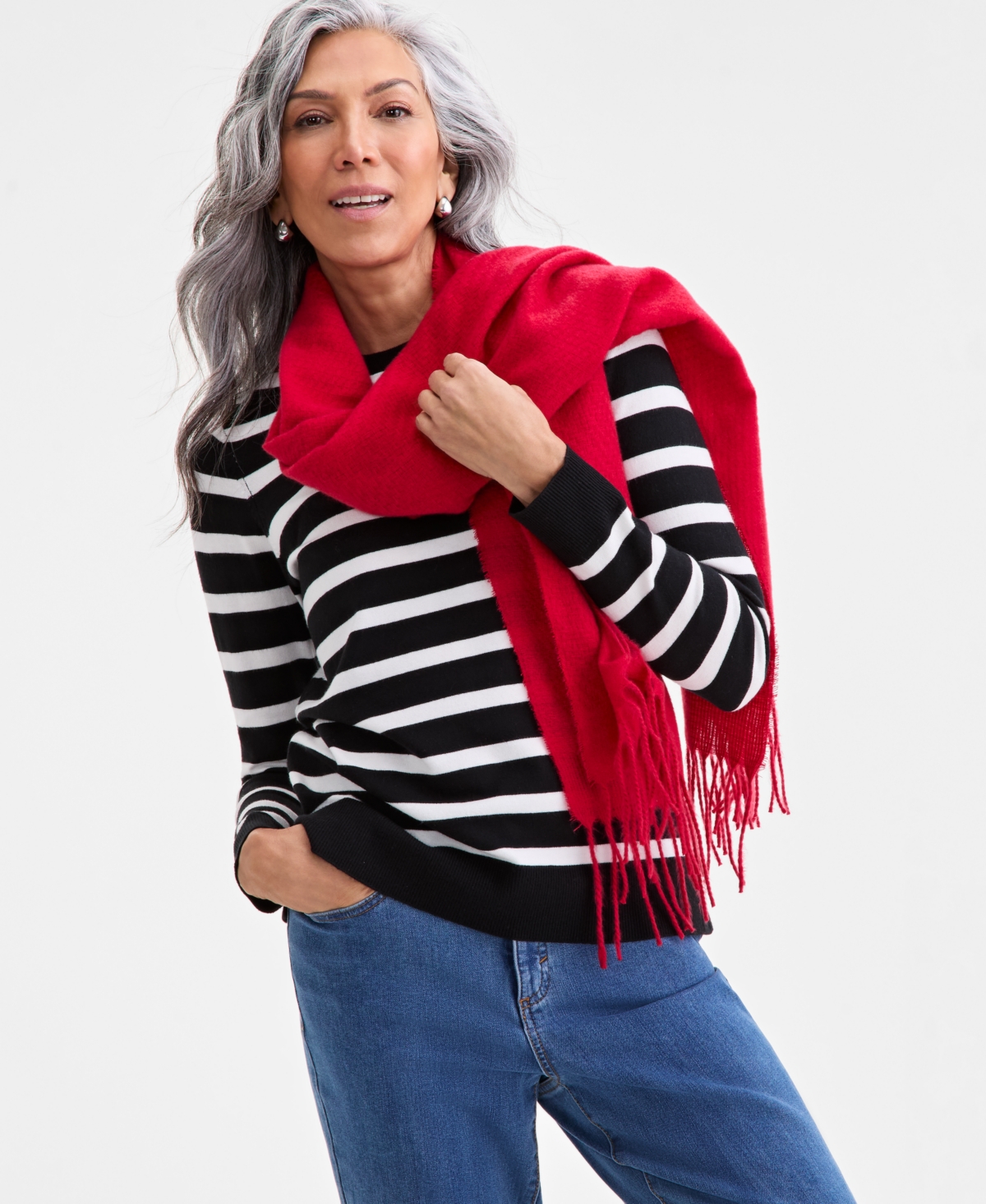 Style & Co Women's Striped Long-sleeve Crewneck Sweater, Macy's Exclusive In Animal Print