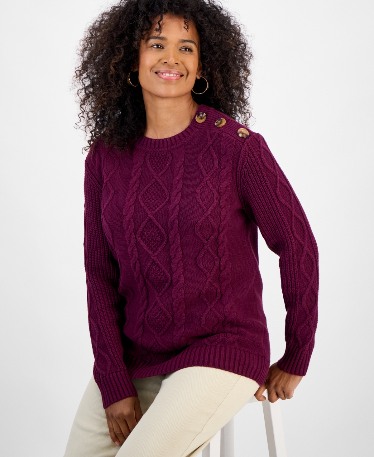 Style & Co Women's Button-Trim Cable-Knit Sweater, Macy's Exclusive