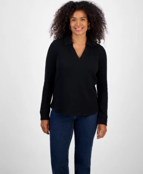 Petite Collared Long-Sleeve Thermal Top - Deep Black