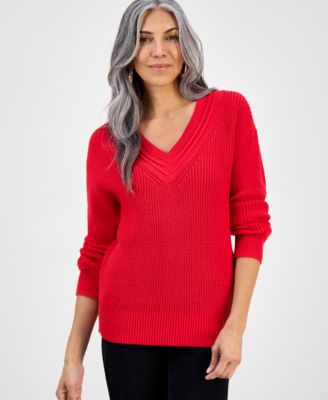 Style & Co - Women's Pleated V-Neck Long-Sleeve Sweater