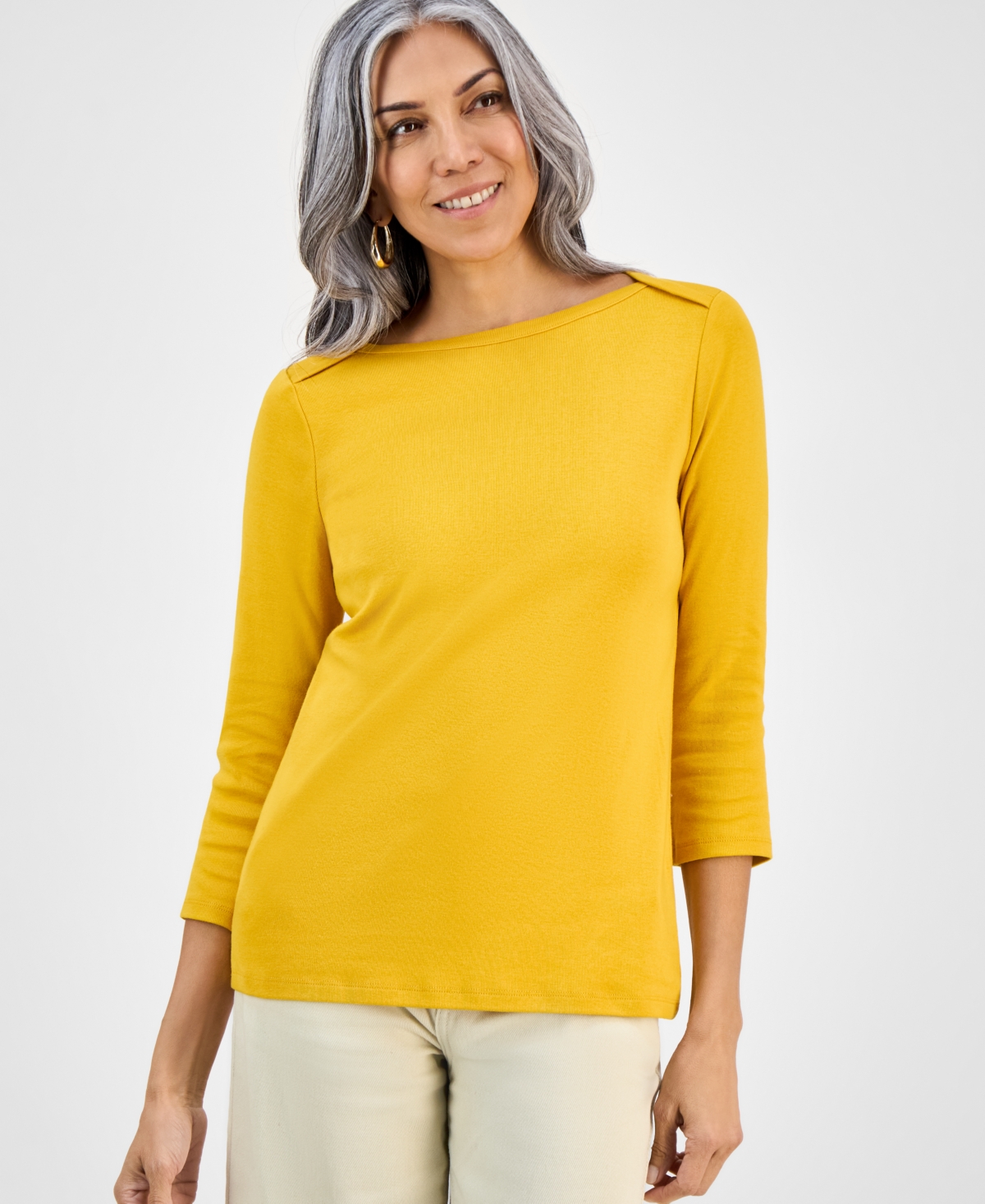 Style & Co Women's Pima Cotton 3/4-sleeve Boat-neck Top, Created For Macy's In Yellow