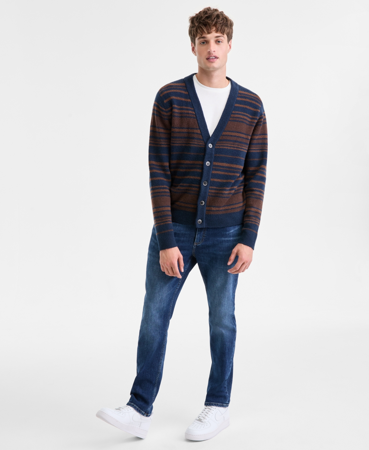 Sun + Stone Men's Blake Long-sleeve Brushed Stripe Cardigan, Macy's Exclusive In Brown