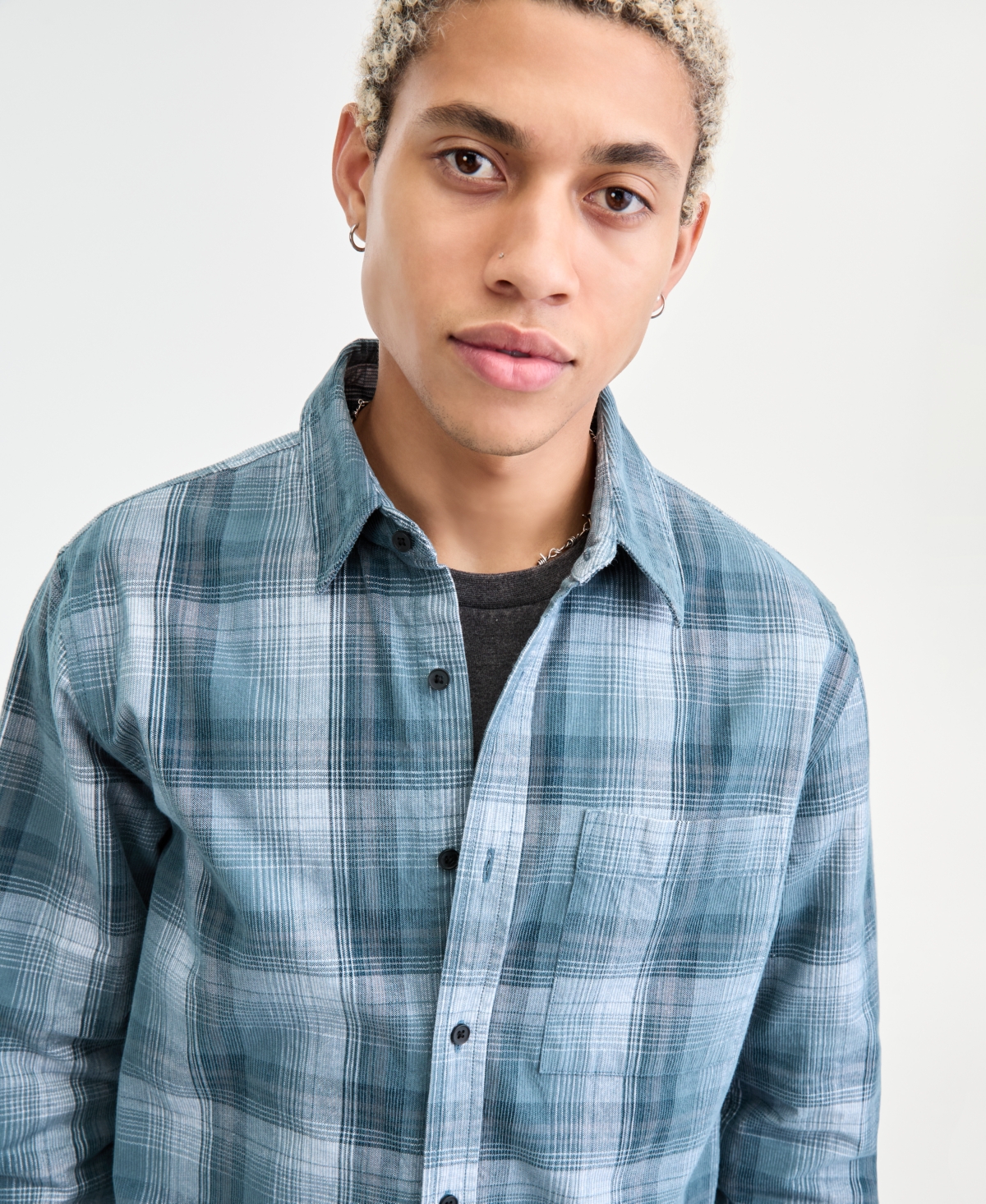 Sun + Stone Men's Long-sleeve Cotton Plaid Corduroy Shirt, Macy's Exclusive In Blue