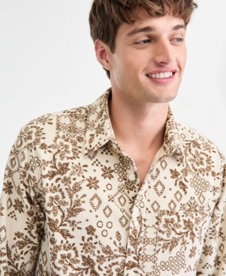Men's Bonds Long-Sleeve Cotton Patchwork-Print Corduroy Shirt, Macy's Exclusive