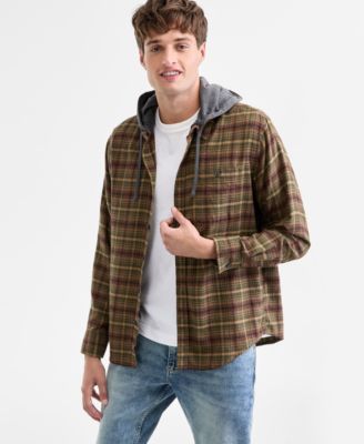Men's Russel Layered-Look Hooded Cotton Flannel Plaid Shirt, Macy's Exclusive