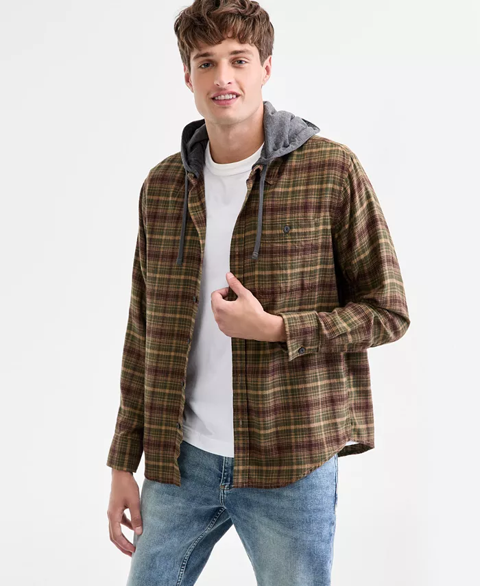 Men's Russel Layered-Look Hooded Cotton Flannel Plaid Shirt