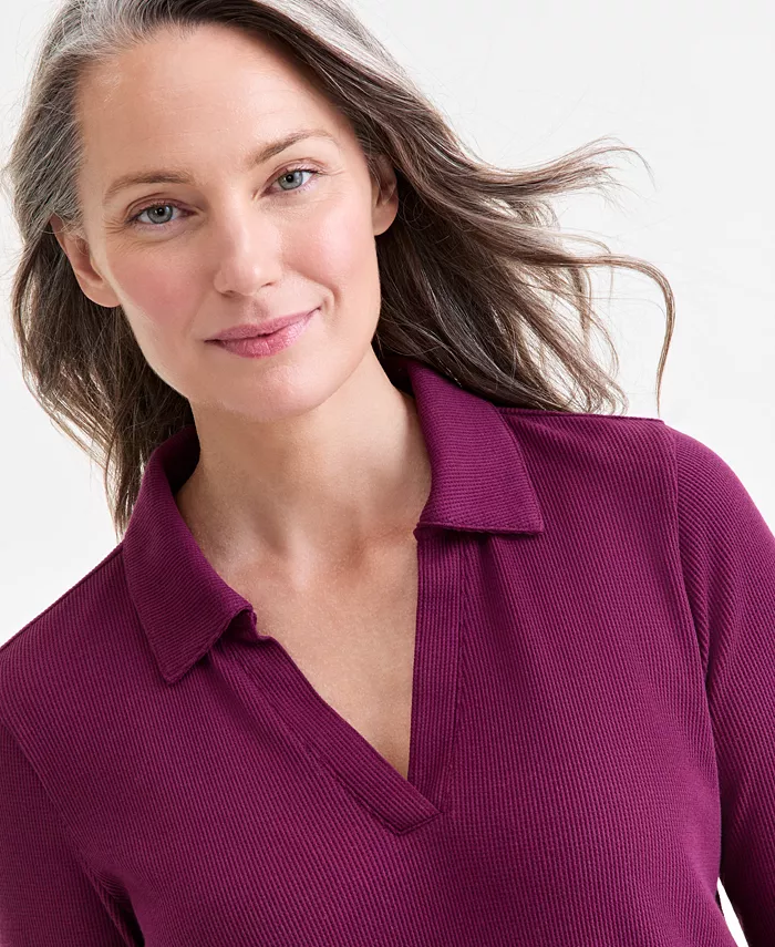 Women's Waffle-Knit Long-Sleeve Polo Top - thumbnail 5