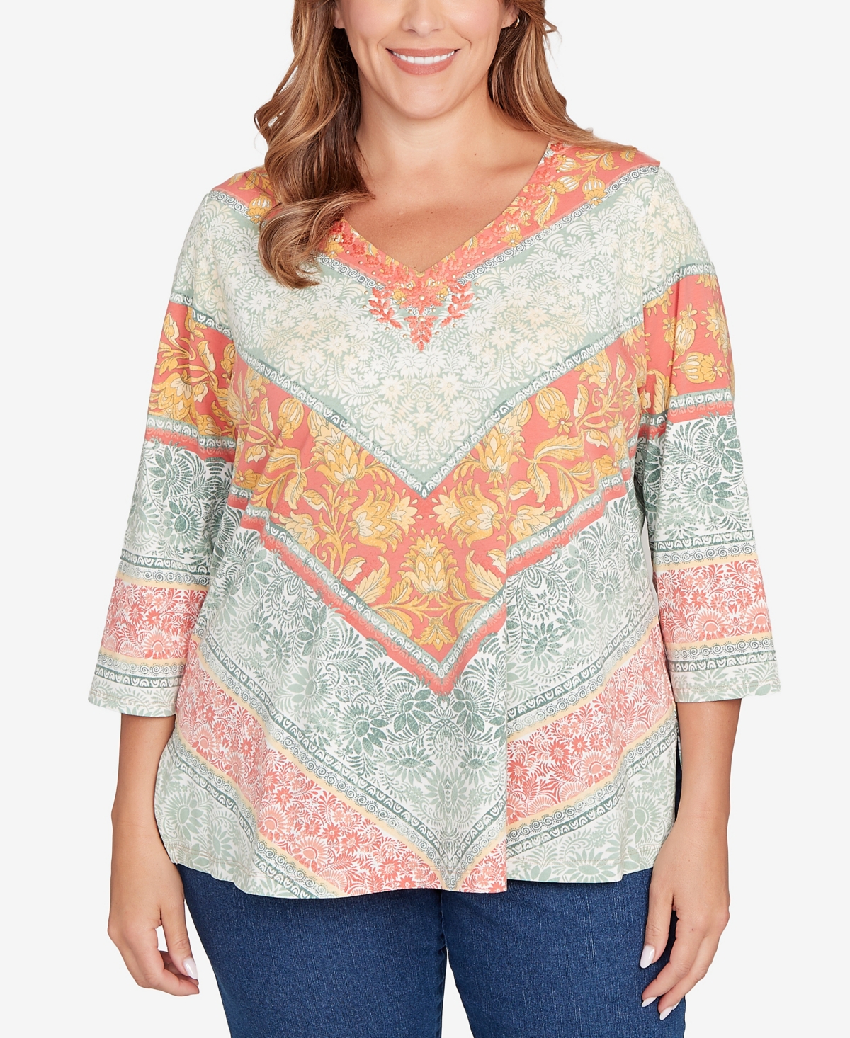 Plus Size Embellished Floral Knit Top - Loden Multi