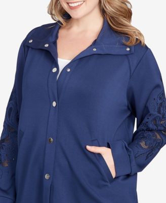 Plus Size Embroidered Floral Cutout Snap Jacket