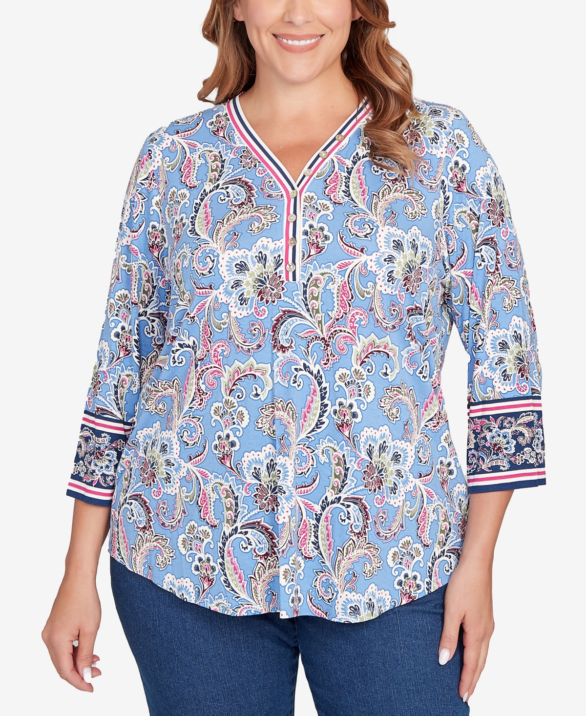 Plus Size Stripe Trim Paisley Henley Top - Slate Blue