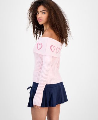 Juniors' Jacquard-Heart Off-The-Shoulder Sweater