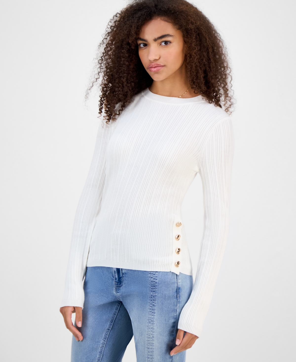 Hooked Up By Iot Juniors' Crewneck Long-sleeve Sweater In White