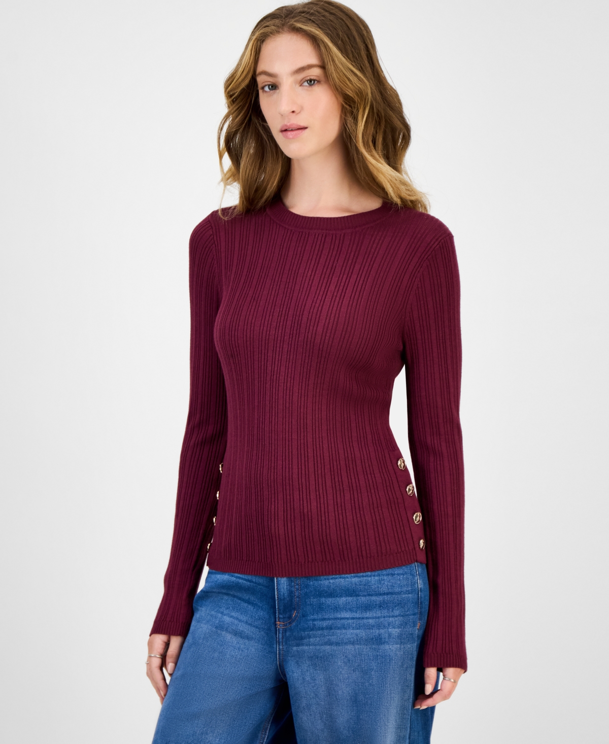 Hooked Up By Iot Juniors' Crewneck Long-sleeve Sweater In Burgundy