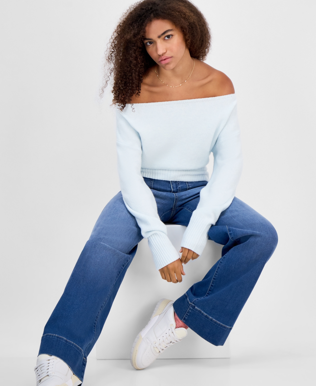 Hippie Rose Juniors' Off-the-shoulder Slouchy Sweater In Blue