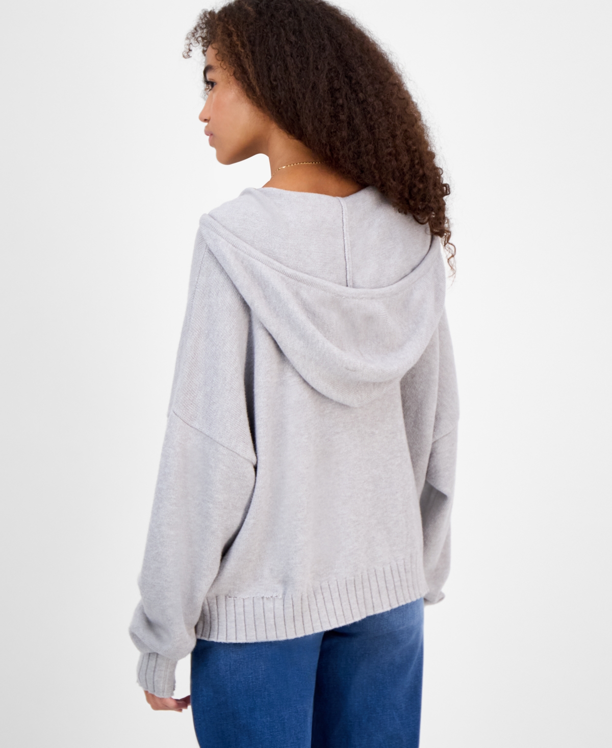 Hippie Rose Juniors' Mossy Zip-up Sweater Hoodie In Gray