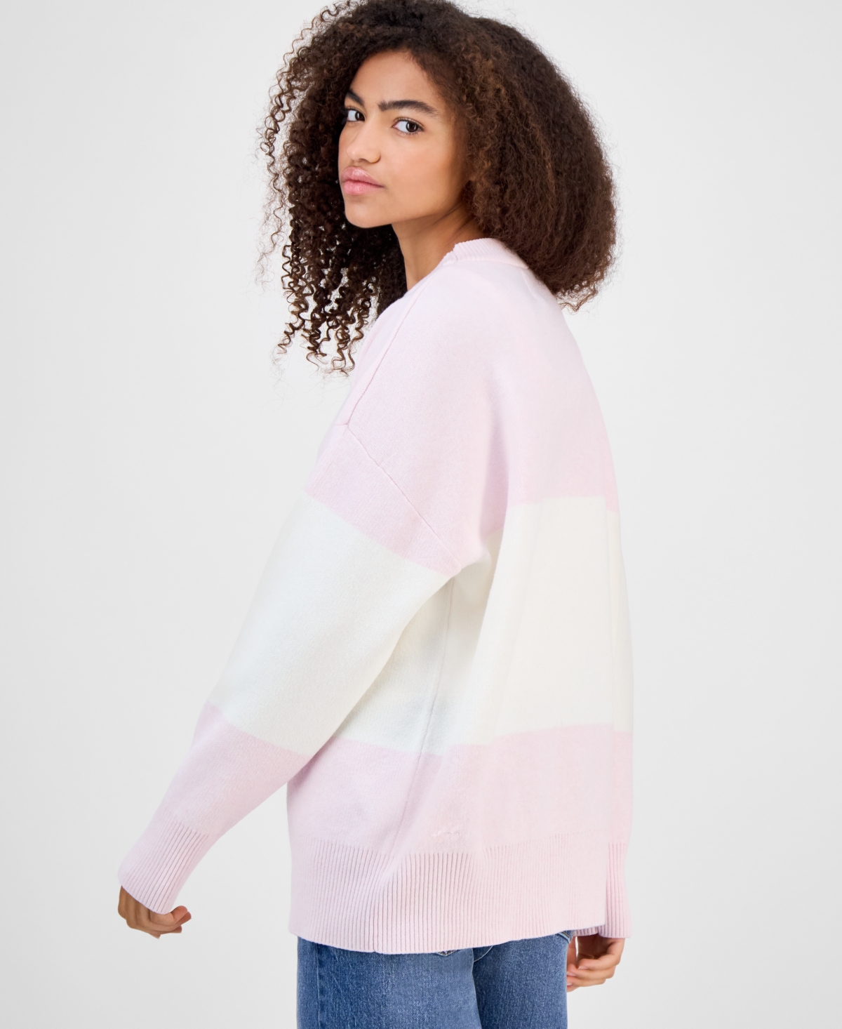 Hippie Rose Juniors' Oversized Stripe Long-sleeve Sweater In Pink