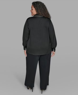 KARL LAGERFIELD PARIS Plus Size Contrast Placket Long Sleeves Blouse