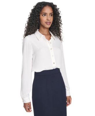 Women's Pleated Sleeve Button Up Blouse
