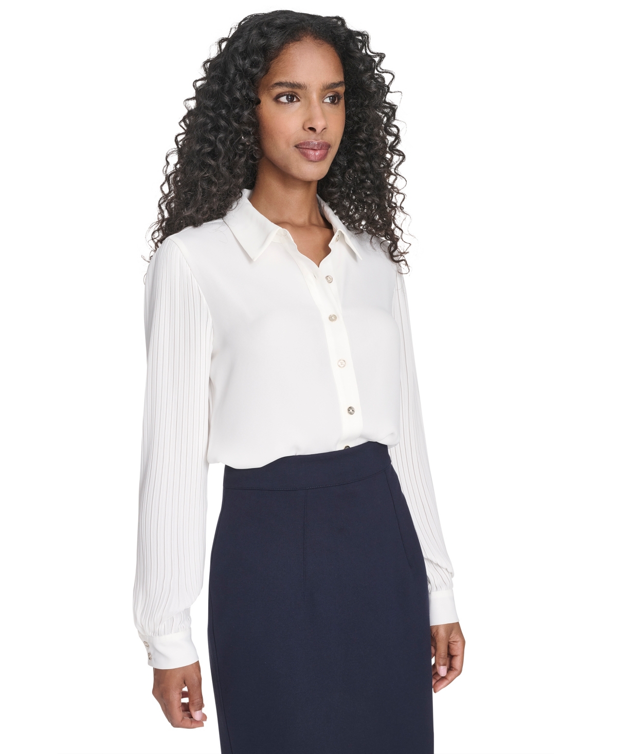 Tommy Hilfiger Women's Pleated Sleeve Button Up Blouse In White