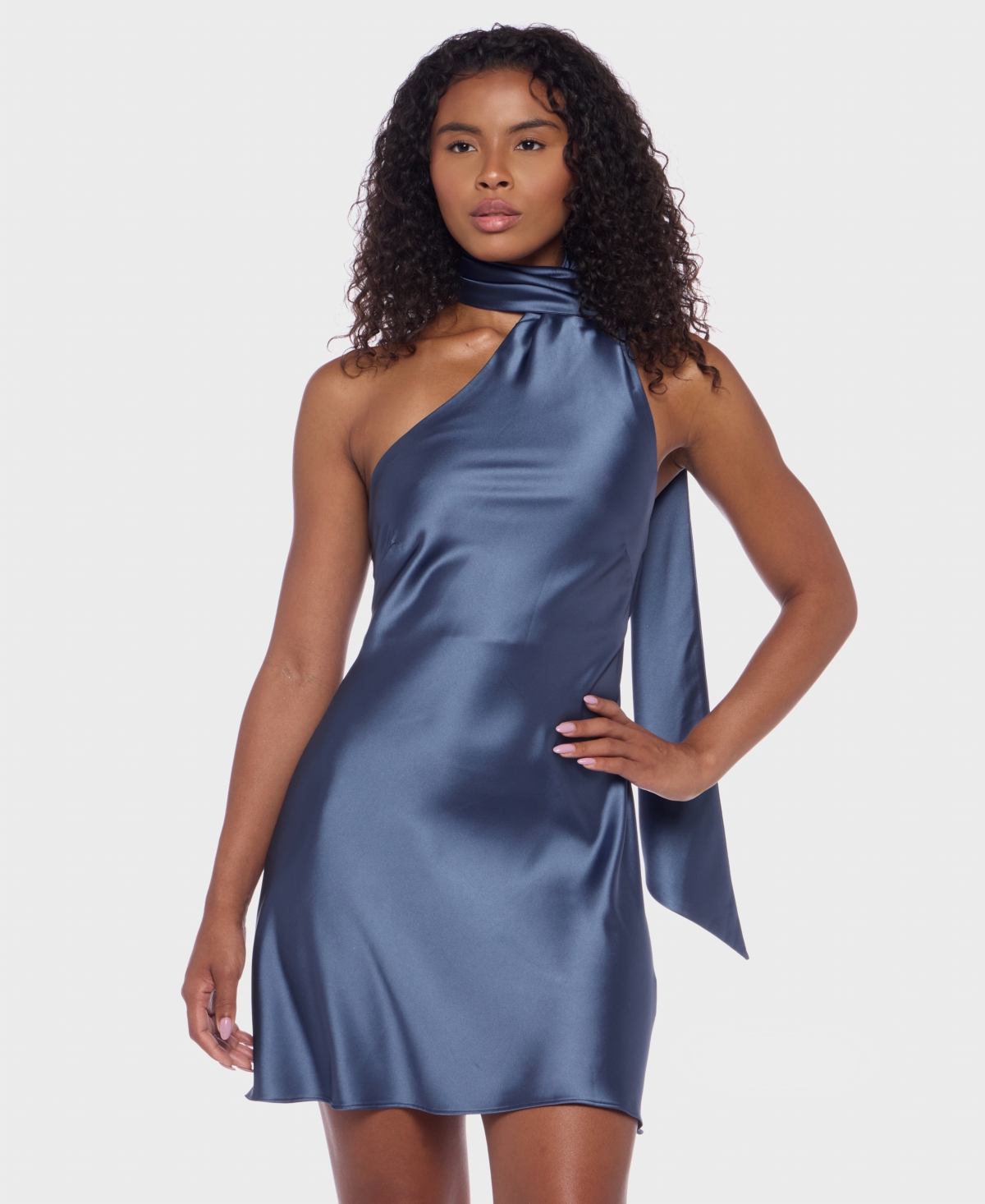 Juniors' Scarf-Neck One-Shoulder Satin Bodycon Dress - Denim
