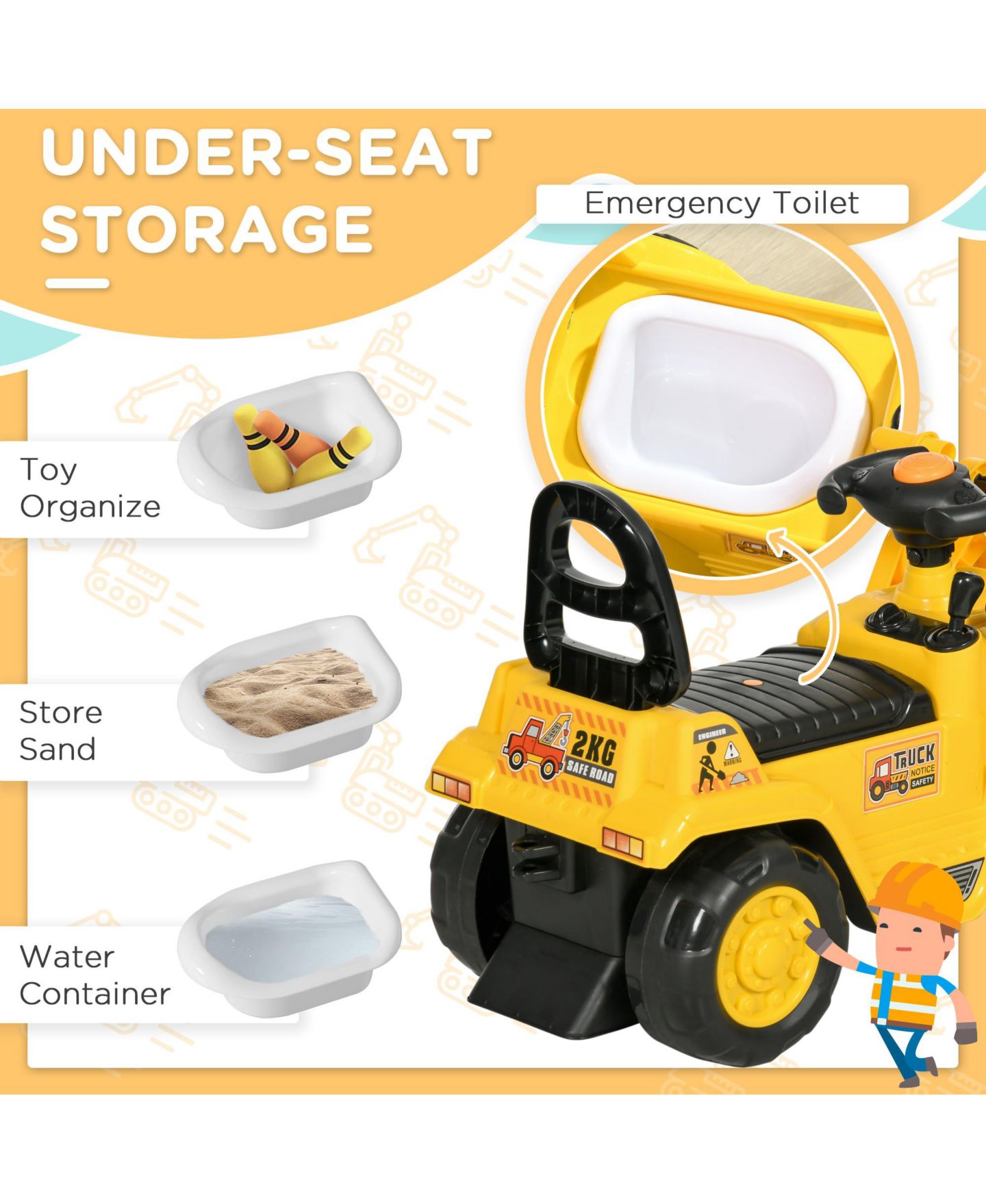 Детская игрушка Homcom Ride-On Tractor 2-in-1 Front Loader, 31.5" L x 10.5" W, 66 lbs., Ages 18-48 Months — фото 5