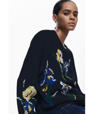 Women's Jacquard sweater with embroidered flowers