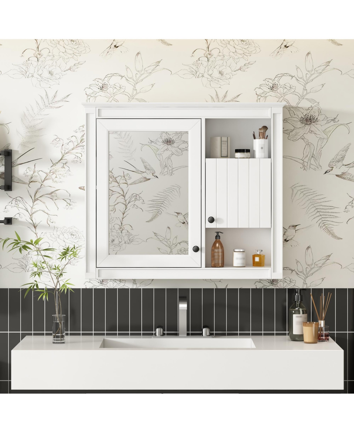 32&#x22; Bathroom Wall Cabinet with Mirrored Door and 3 Storage Shelves, Wall Mounted Storage Cabinet - White
