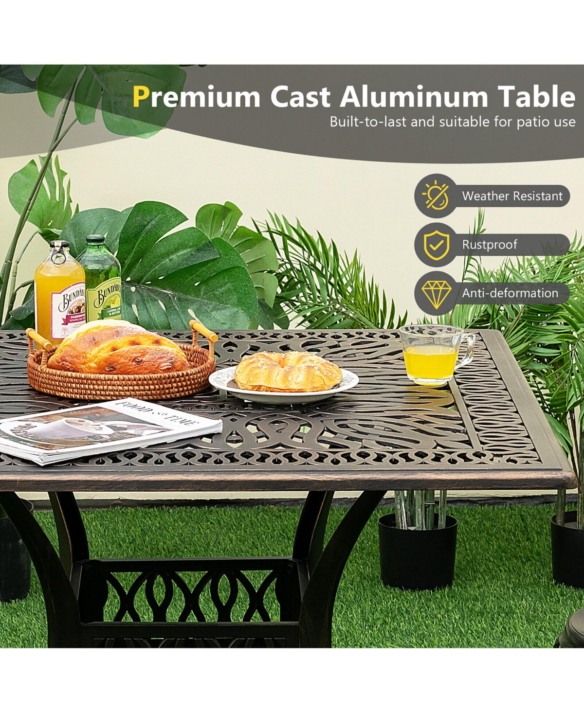 Gymax 35.4'' Patio Square Dining Table Cast Aluminum Umbrella Hole All-weather Outdoor