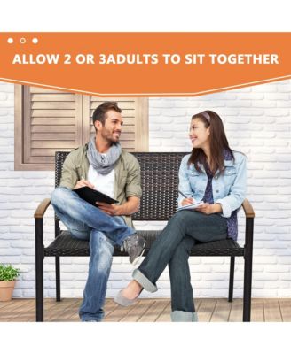 Set of 2 Patio Wicker Bench All Weather Rattan Chair Loveseat w/ Acacia Armrest