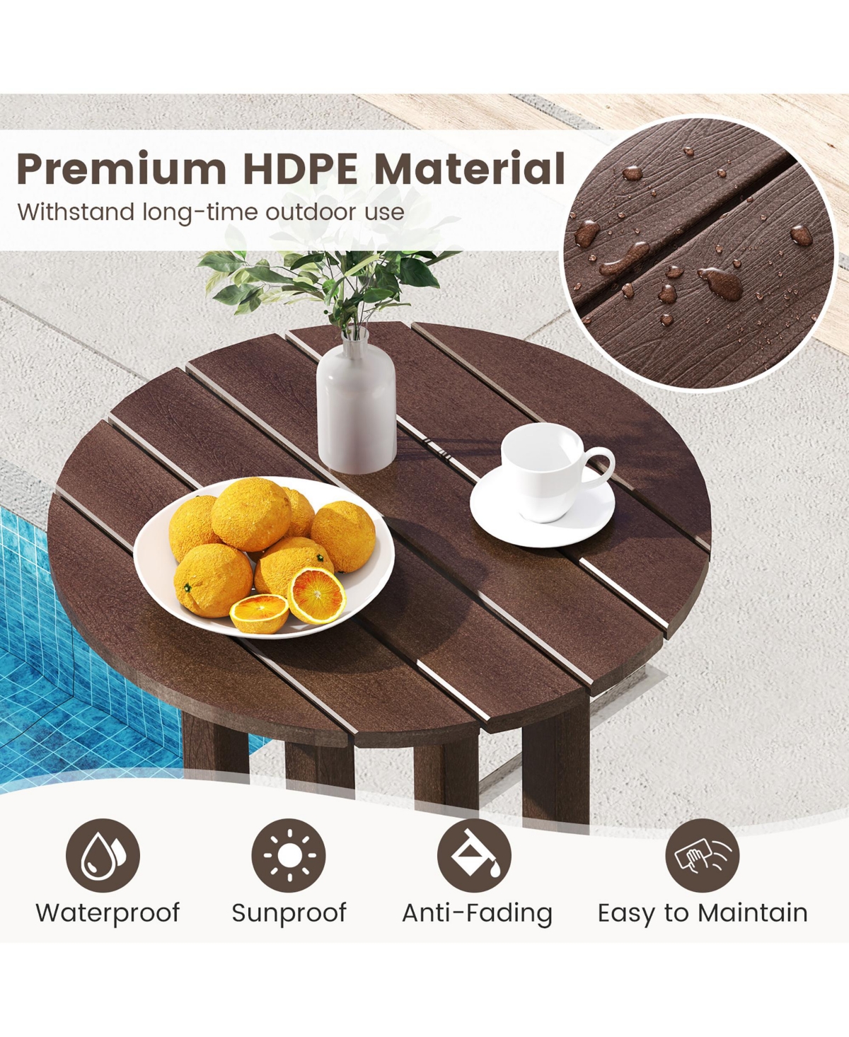 Gymax 21.5'' Round Bar Table Patio Hdpe Bar Height Dining Table w/ Slatted Tabletop