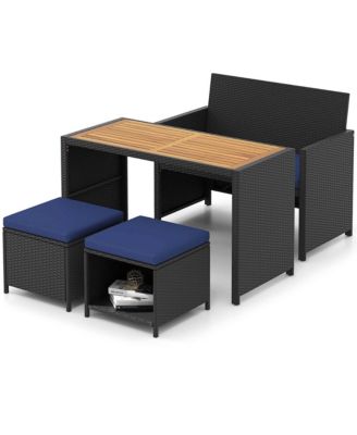 4 PCS Outdoor Dining Set, Rattan Loveseat Chair & 2 Ottomans