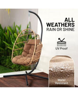 Foldable Egg Chair - Rattan Wicker Hanging Egg Swing Chair with Stand, Waterproof Seat Cushion,, and Headrest for Patio, Bedroom, Porch, and Garden (Brown)