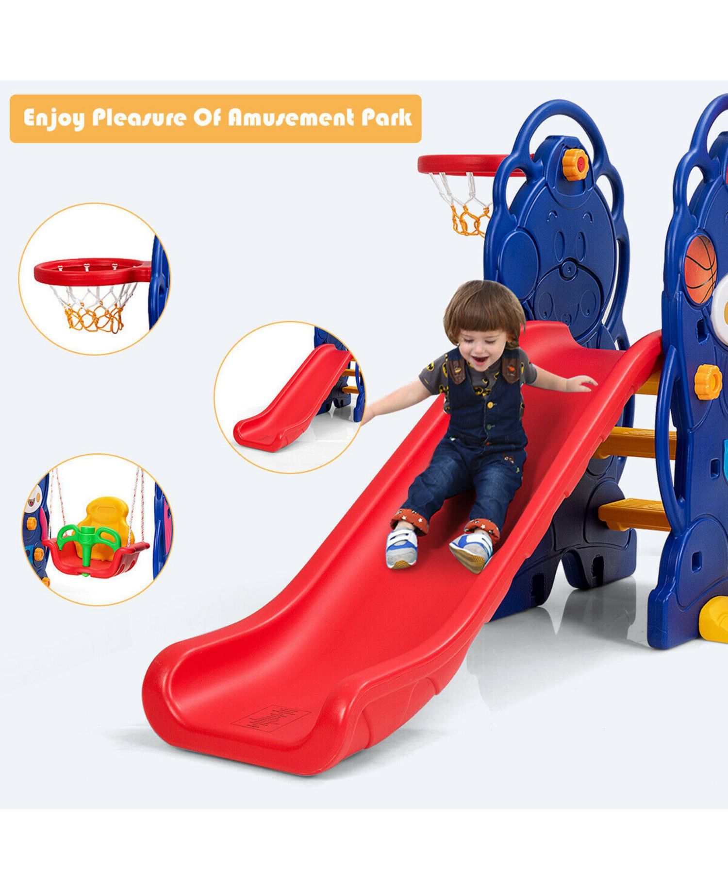 3 in 1 Toddler Climber and Swing Set Kid Climber Slide Playset w/Basketball Hoop