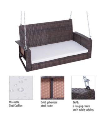 2 Person Wicker Hanging Swing Bench, Front Porch Swing Outdoor Chair with Cushions 550 lbs. Weight Capacity for Backyard, Garden, Cream White