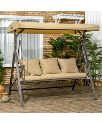3-Seat Patio Swing Chair, Porch Swing Glider with Cushion, 3 Throw Pillows & Adjustable Canopy for Porch, Garden, Poolside, Backyard, Khaki